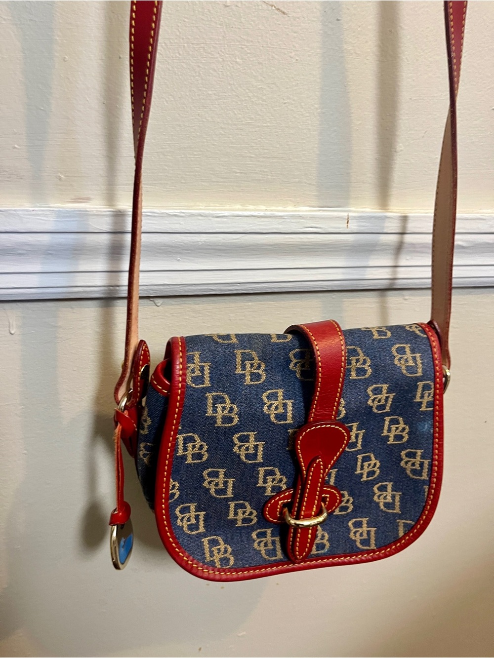 Done and Bourke Vintage Y2K Monogram Crossbody Bag Denim with Red Leather Trim